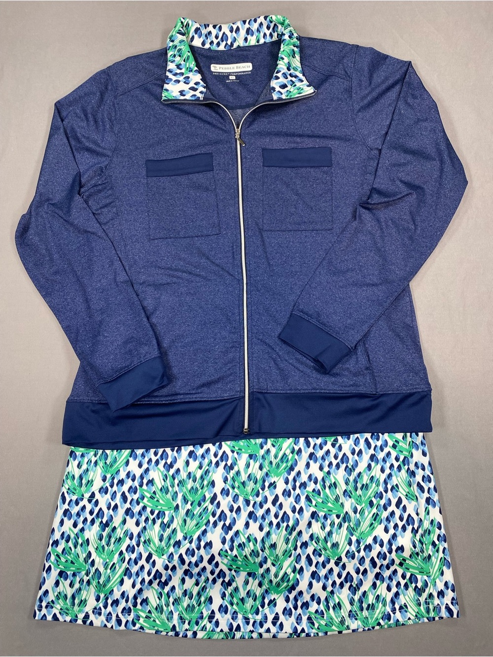 Pebble Beach Navy Jacket with Blue and Green Printed Skort Set